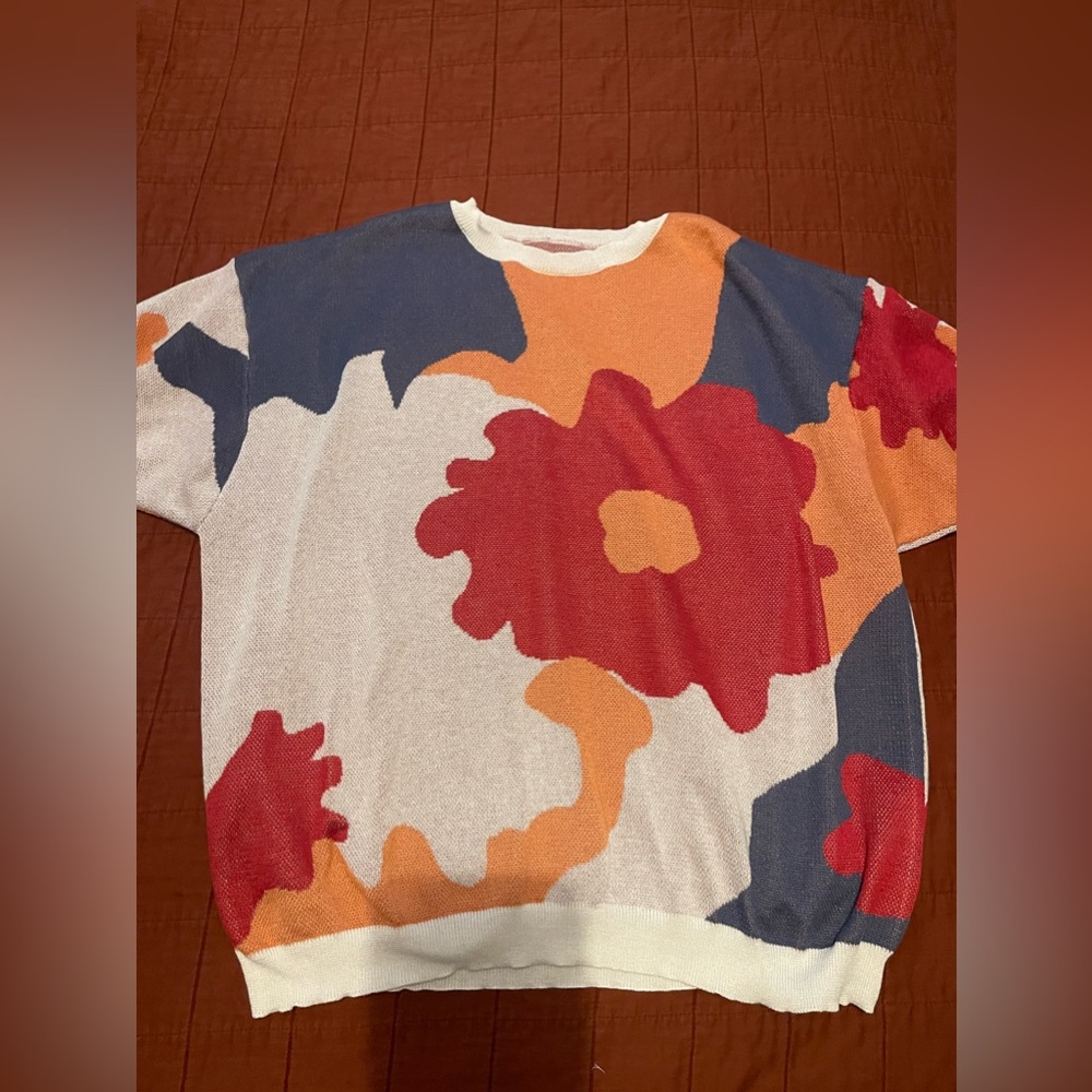 Abstract Floral Knit Top in Red, Orange, Blue